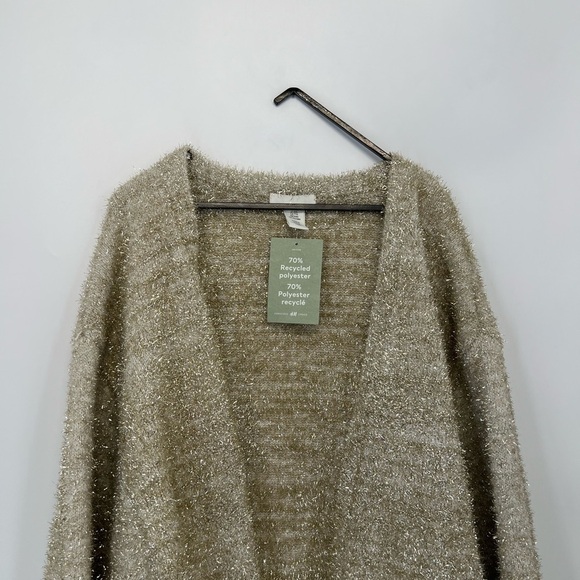 H&M Fuzzy Sparkly Glittery Textured Wide Sleeve Slouchy Cardigan In Beige Gold - Picture 2 of 8